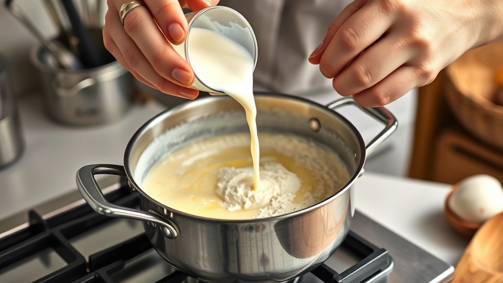 best mac and cheese recipe -
Photorealistic hands whisking butter and flour roux in a stainless steel saucep