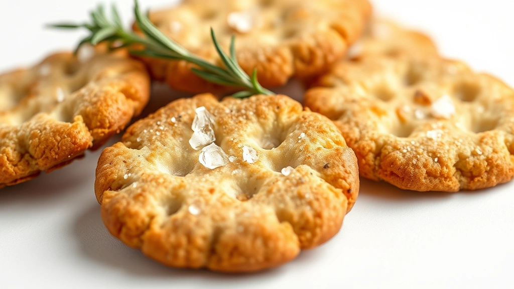 best sourdough discard recipes -
Photorealistic close-up macro photography of crispy sourdough crackers with ros