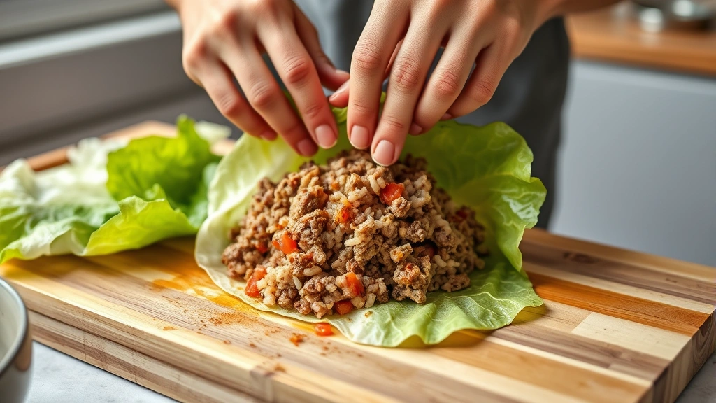 best stuffed cabbage recipe -
Photorealistic close-up of hands rolling a cabbage leaf around seasoned ground