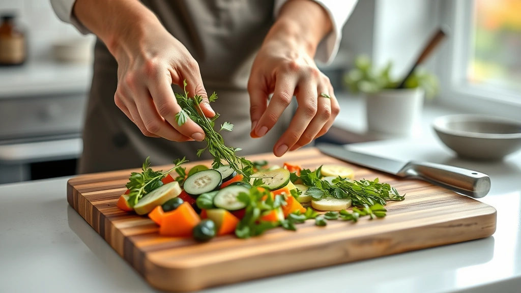 best summer recipes -
Photorealistic hands carefully arranging fresh herbs and sliced vegetables on a