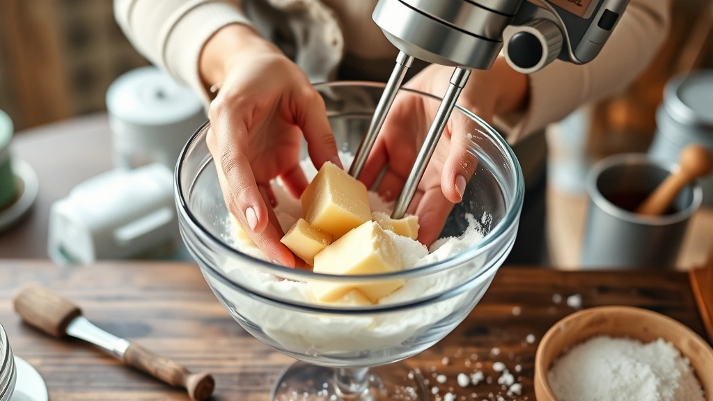 betty crocker recipes -
Photorealistic hands creaming butter and sugar in glass mixing bowl with electr