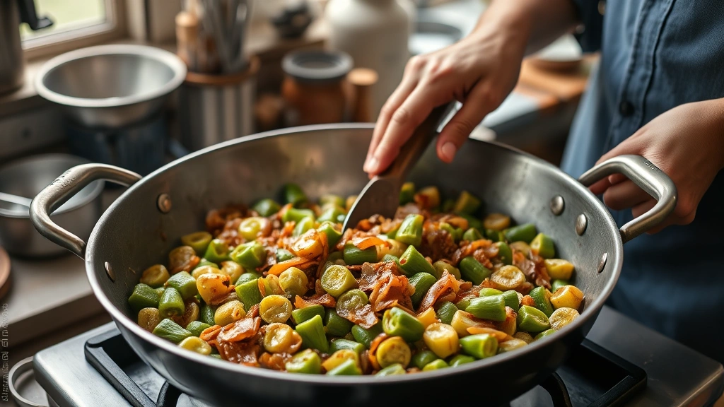 bhindi masala recipe -
photorealistic hands stirring okra in a large heavy-bottomed pan over medium-hi
