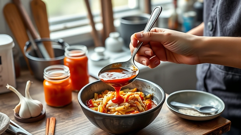 bibimbap sauce recipe -
photorealistic hands holding a small bowl mixing bibimbap sauce with a spoon, w