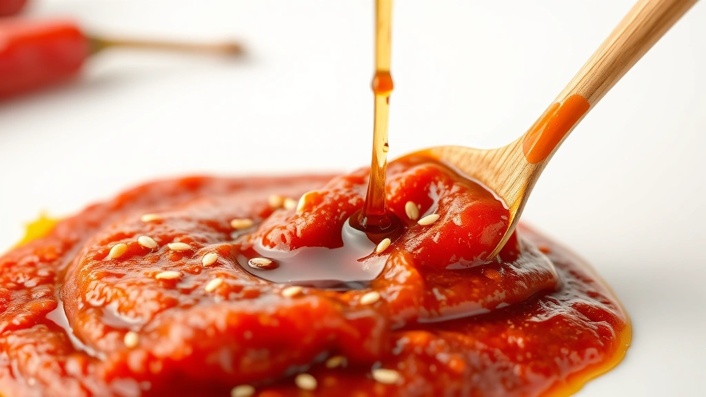 bibimbap sauce recipe -
photorealistic close-up macro shot of thick gochujang paste being stirred with 