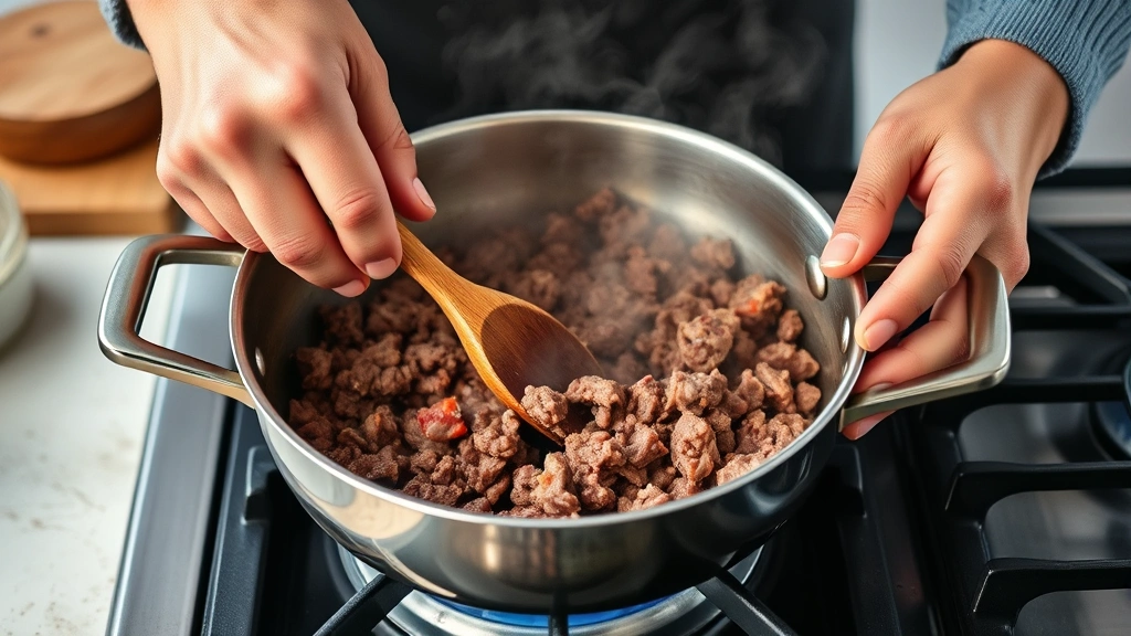 big mac bowl recipe -
Photorealistic hands actively browning ground beef in a stainless steel skillet