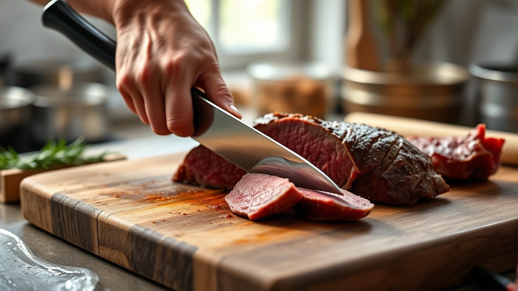 bistek recipe -
photorealistic hands slicing thin beef sirloin against the grain using a sharp