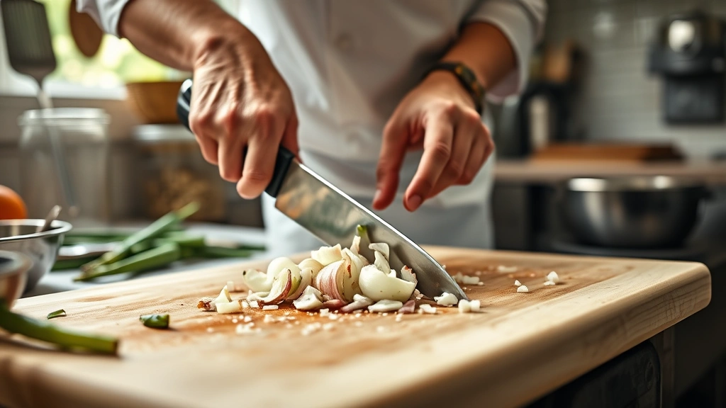 black beans and rice recipe -
Photorealistic hands actively cooking, dicing onions on a cutting board with a