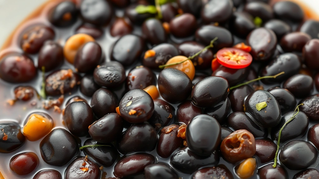 black beans and rice recipe -
Photorealistic close-up macro photography of cooked black beans in their savory