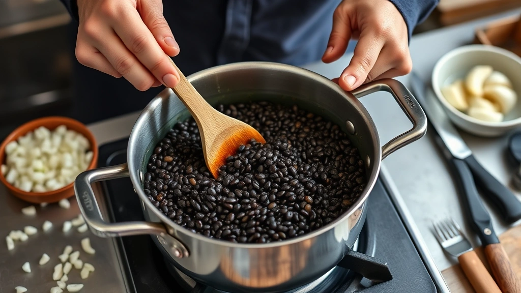 black lentil recipe -
Photorealistic hands stirring simmering black lentils in a stainless steel pot