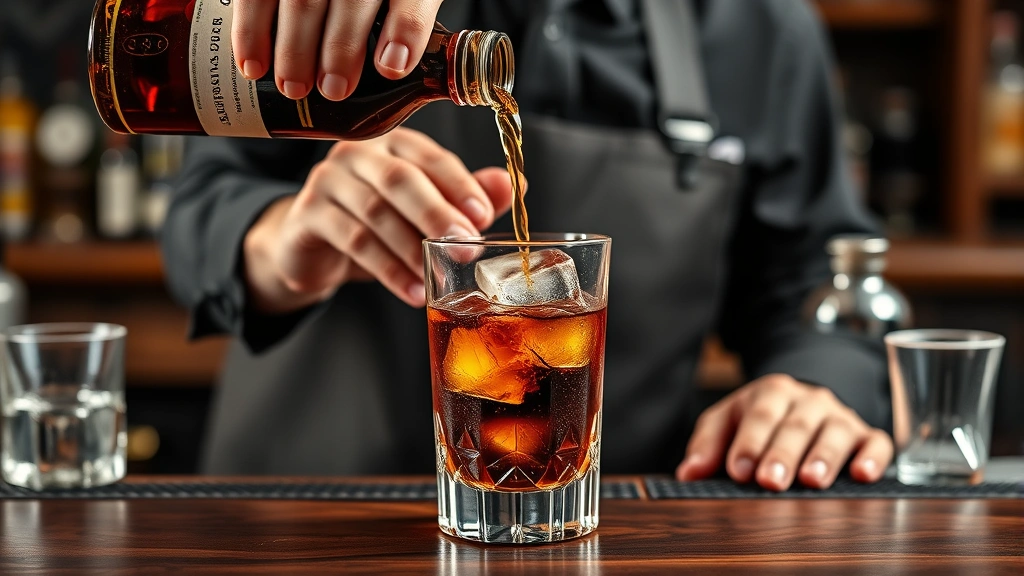black manhattan recipe -
Photorealistic hands of bartender stirring Black Manhattan in mixing glass with