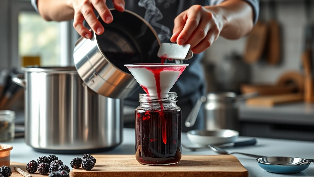 blackberry jelly recipe -
Photorealistic hands pouring hot blackberry jelly from a stainless steel pot in