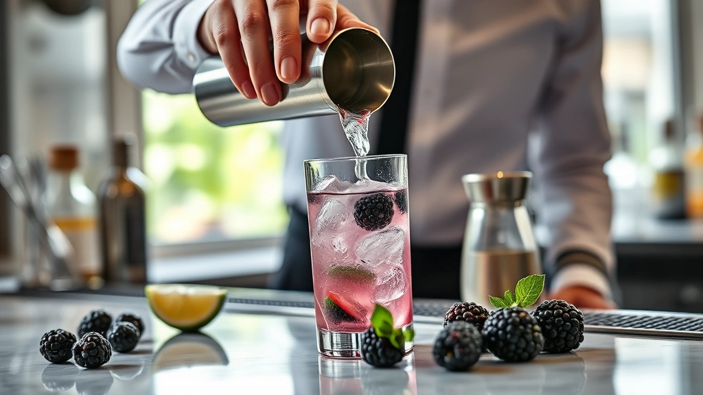 blackberry margarita recipe -
photorealistic hands shaking a cocktail shaker with ice over a bar counter, fre