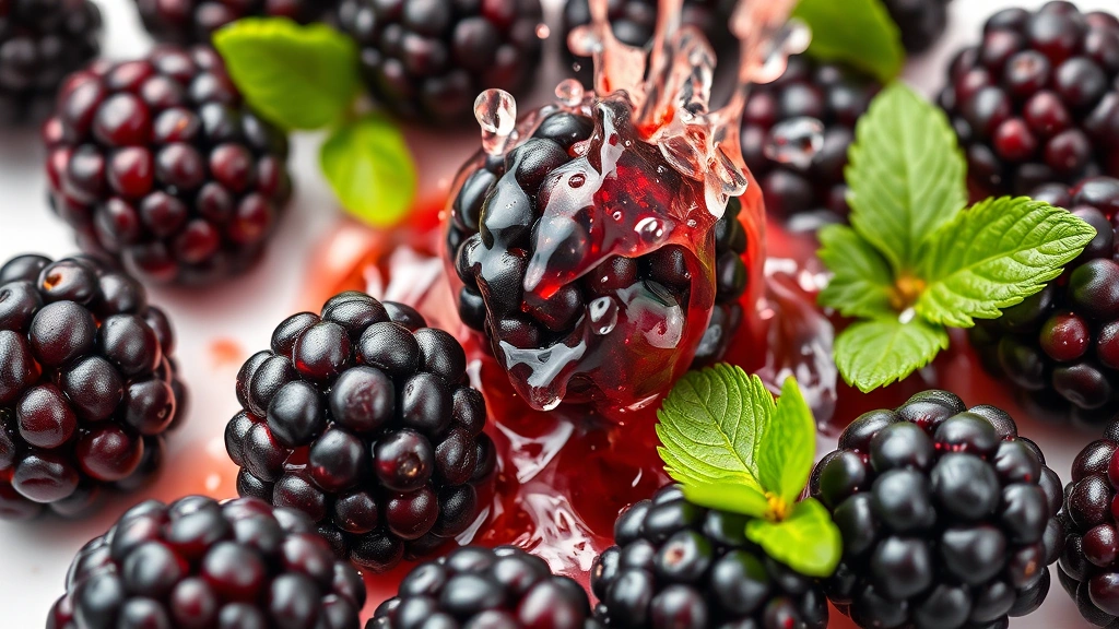 blackberry margarita recipe -
Photorealistic close-up macro photography of fresh blackberries being crushed, 