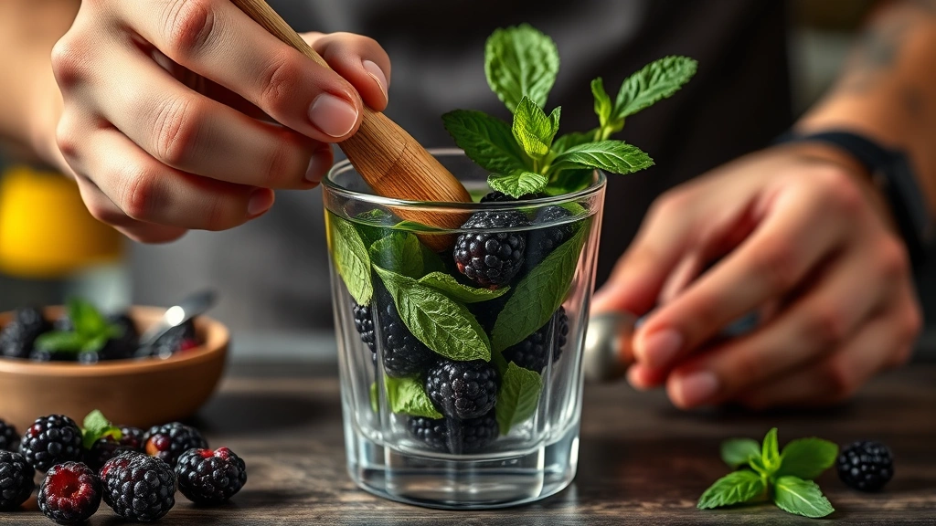 blackberry mojito recipe -
Photorealistic hands muddling fresh blackberries and mint leaves in a glass usi