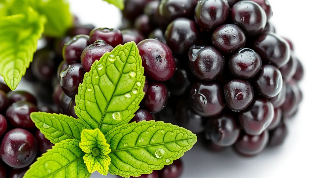 blackberry mojito recipe -
Photorealistic close-up macro photography of fresh blackberries and mint leaves
