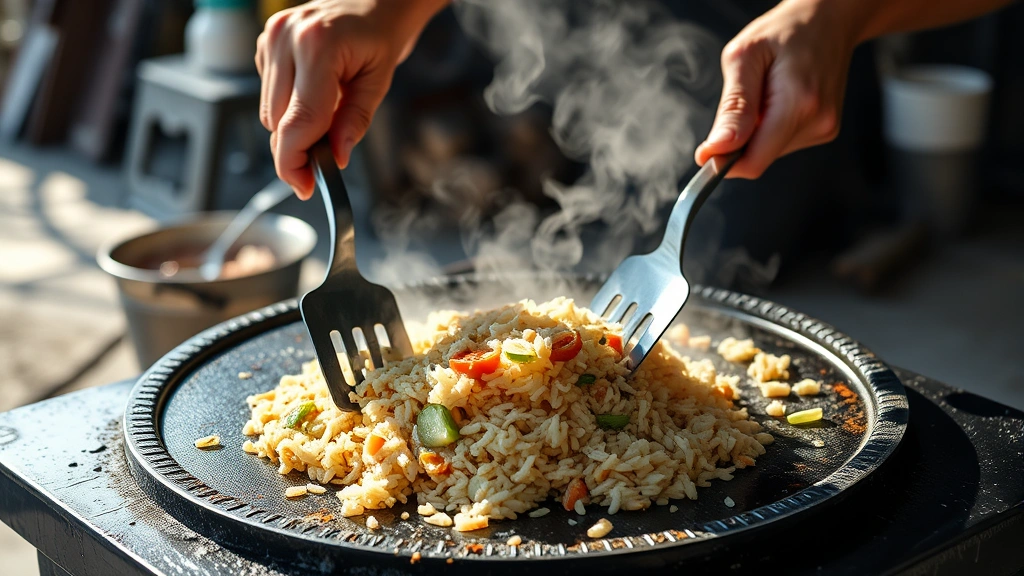blackstone fried rice recipe -
Photorealistic hands using two metal spatulas on a hot blackstone griddle cooki