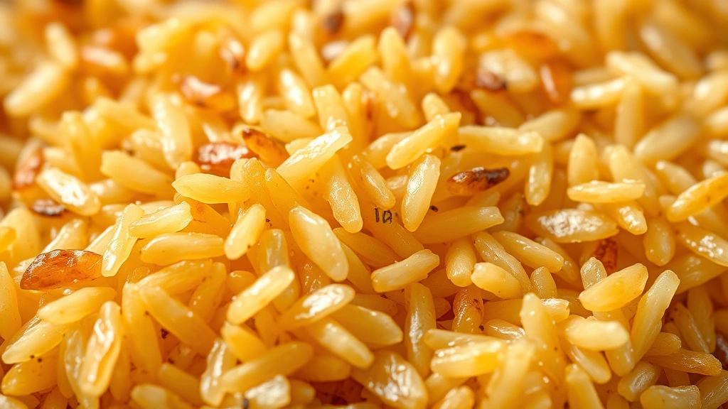 blackstone fried rice recipe -
Photorealistic close-up macro shot of golden fried rice grains with visible cha