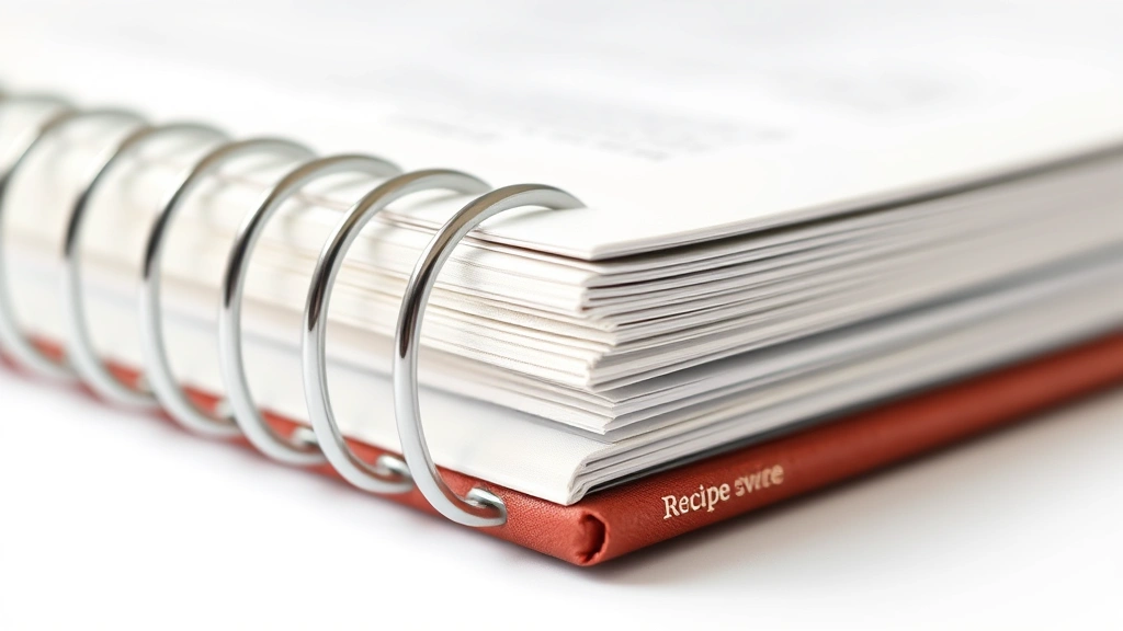 blank recipe book -
photorealistic close-up macro shot of spiral binding detail on finished recipe