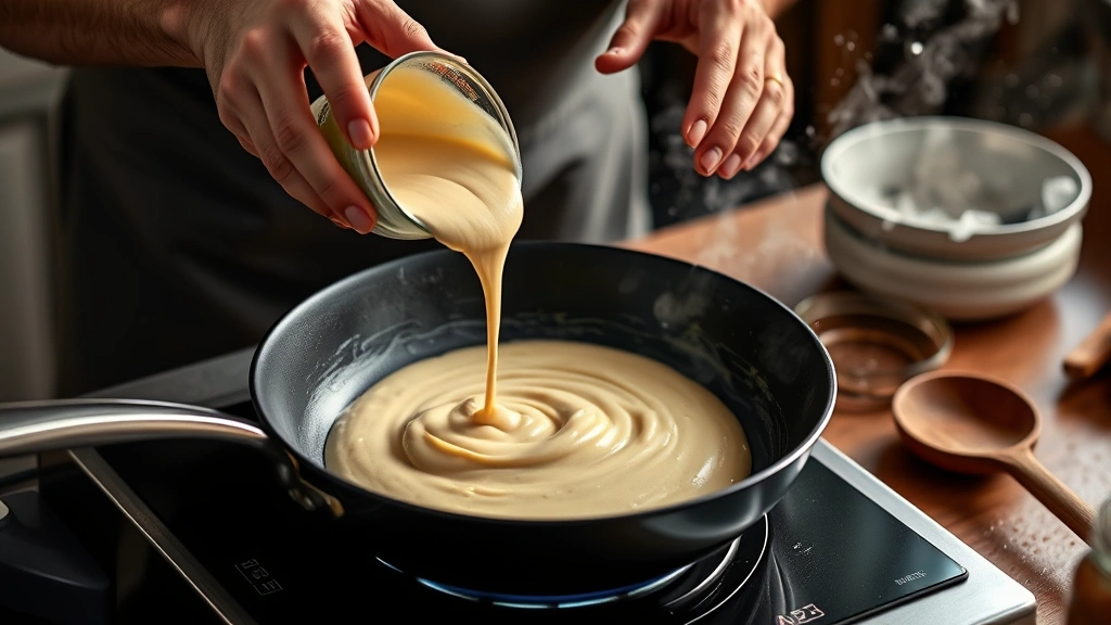 blinchiki recipe -
Photorealistic hands pouring thin batter into hot nonstick skillet, tilting pan