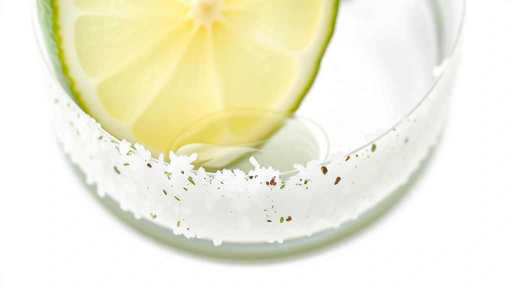 bloody caesar recipe -
Photorealistic close-up macro of celery salt rim seasoning on glass edge with l