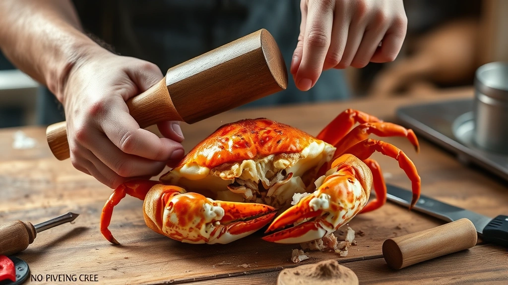 blue crab recipe -
photorealistic hands using a crab mallet to crack open a cooked blue crab shell