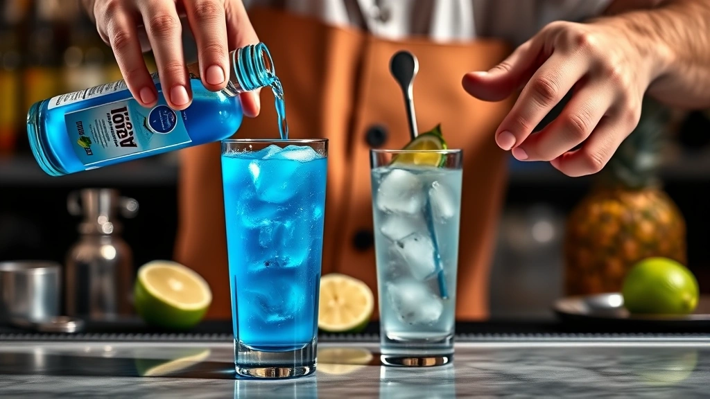 blue lagoon recipe -
Photorealistic bartender hands mixing blue lagoon cocktail, pouring blue curaça