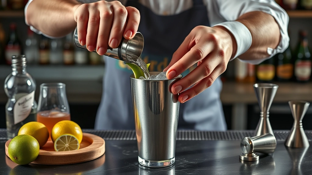 blue margarita recipe -
Photorealistic hands shaking cocktail in metal Boston shaker with ice, professi