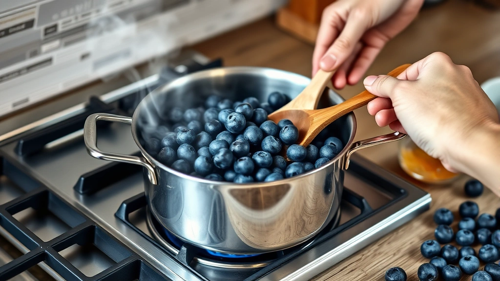 blueberry compote recipe -
photorealistic hands stirring blueberries in a stainless steel saucepan on a st
