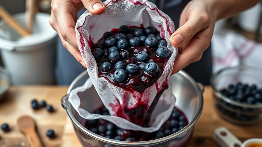 blueberry jelly recipe -
Photorealistic hands pouring strained blueberry mixture through cheesecloth int