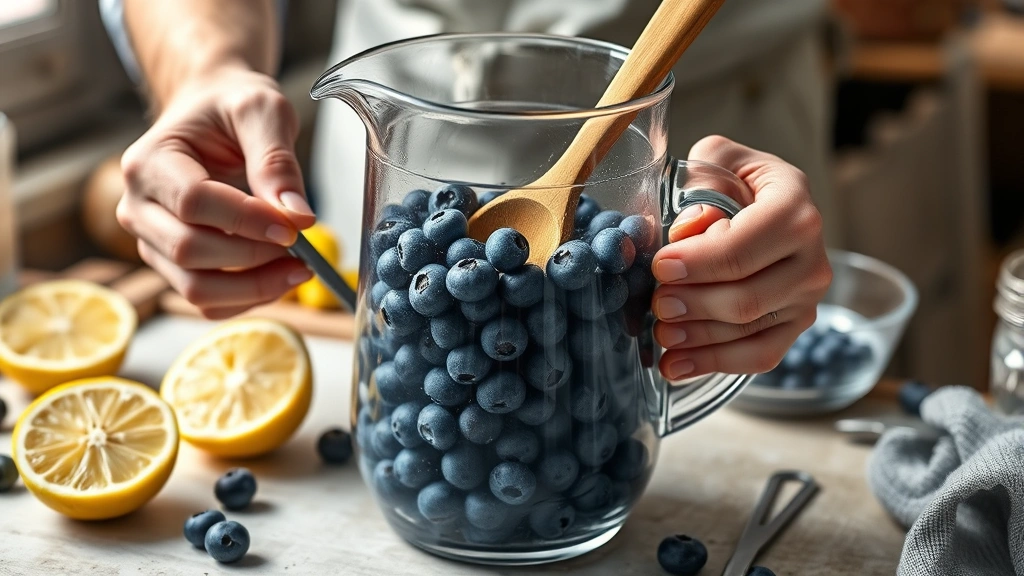 blueberry lemonade recipe -
photorealistic hands muddling fresh blueberries in a large clear pitcher with w
