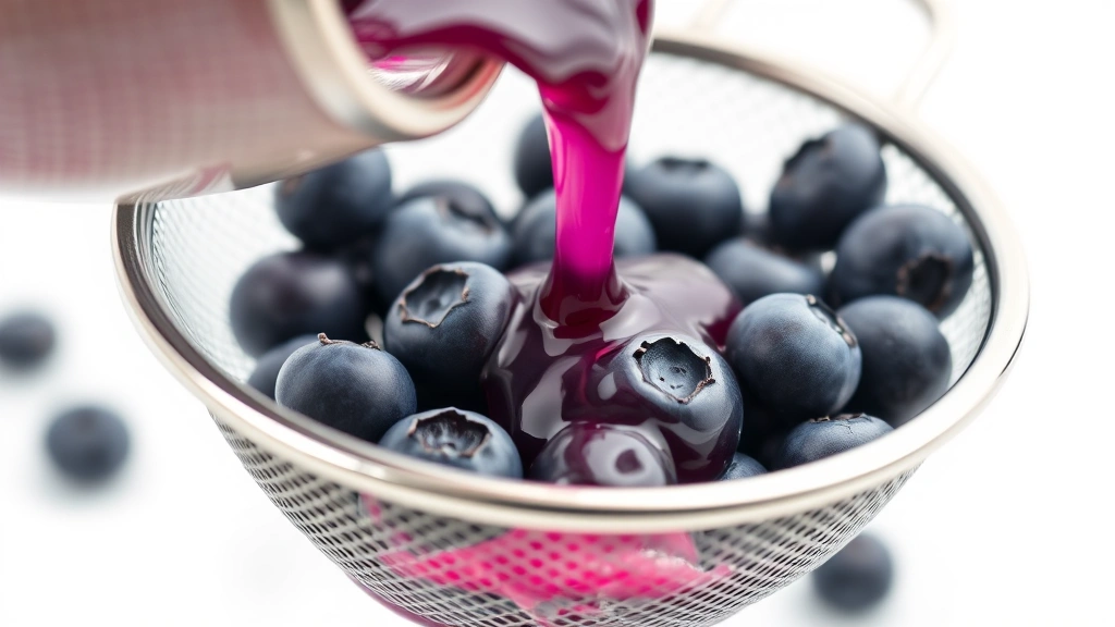 blueberry lemonade recipe -
photorealistic close-up macro of fresh blueberries being strained through fine-