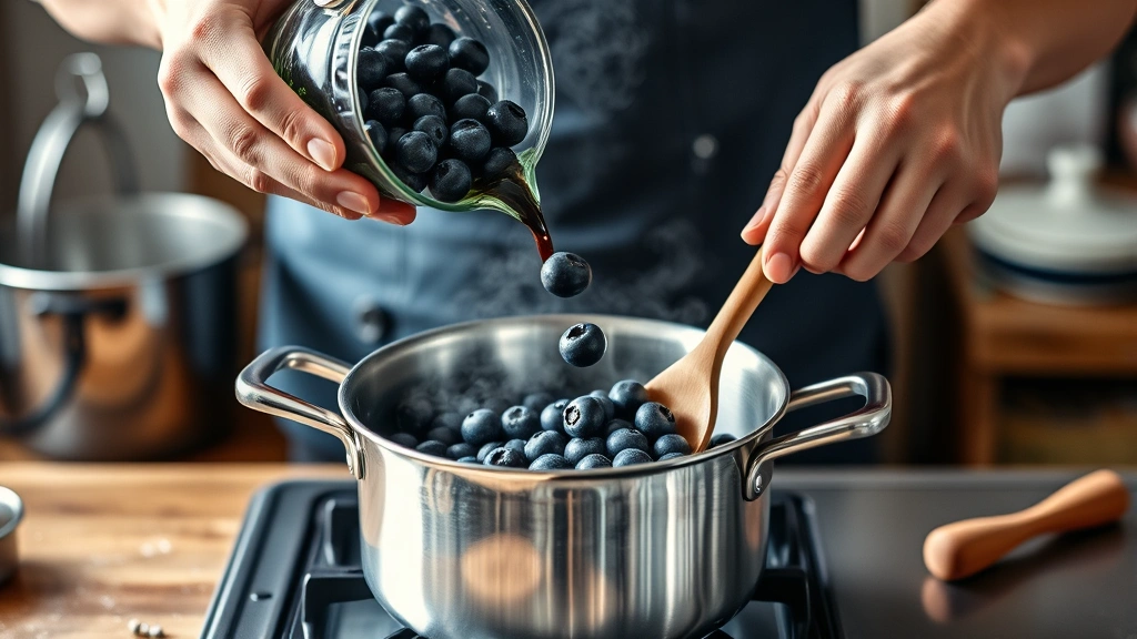 blueberry syrup recipe -
photorealistic hands pouring blueberries into a stainless steel saucepan on a s