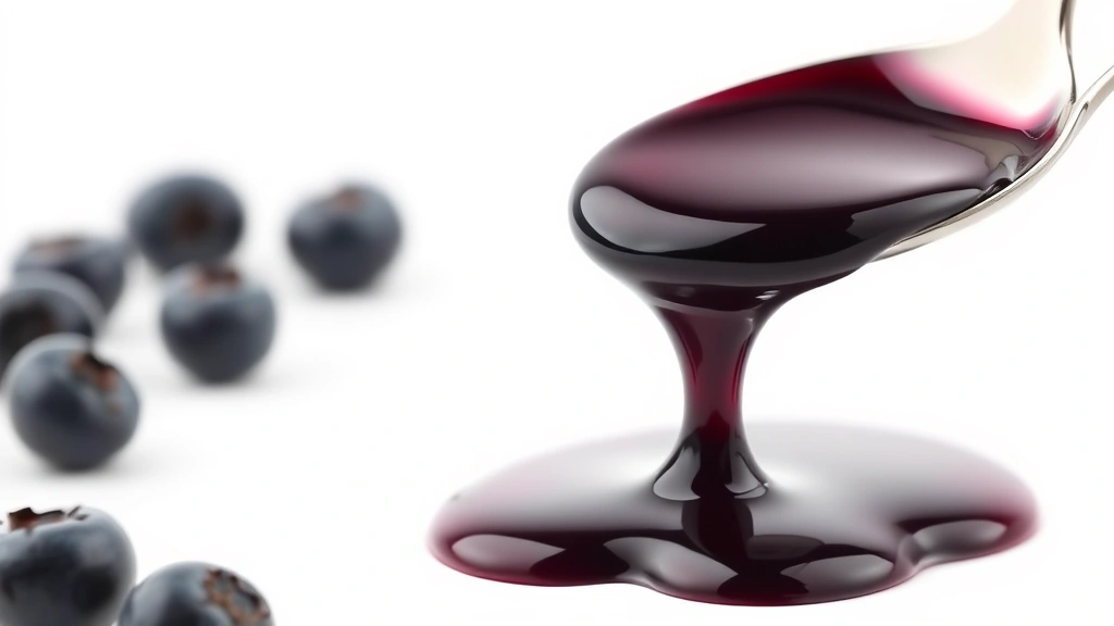 blueberry syrup recipe -
photorealistic close-up of thick blueberry syrup dripping from a spoon, deep pu