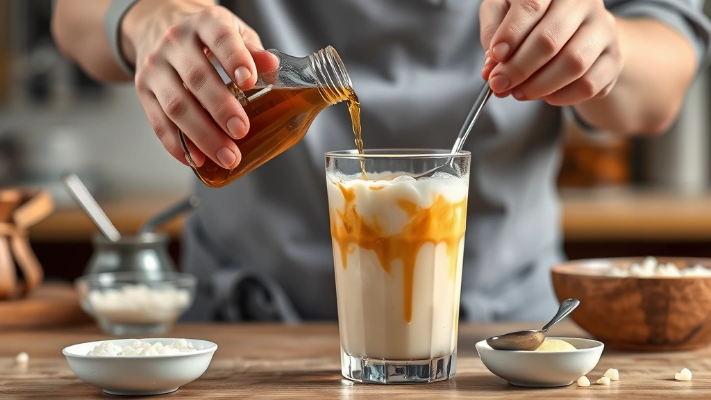boba story recipes -
photorealistic hands pouring brown sugar syrup into glass for tiger stripe boba
