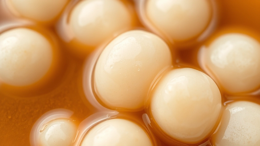boba story recipes -
photorealistic close-up macro photography of cooked tapioca pearls in brown sug