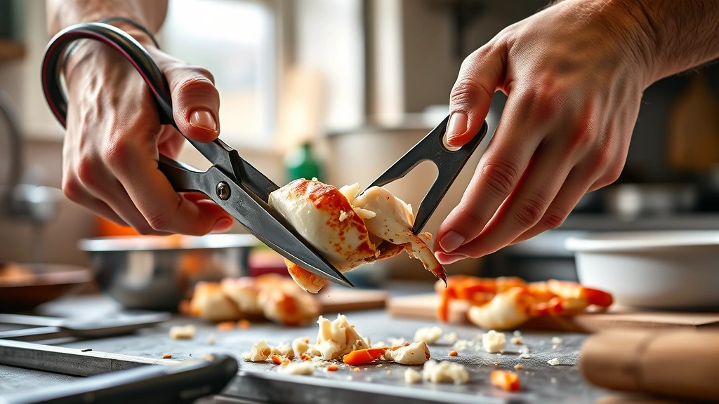 boiling crab recipe -
photorealistic hands working showing someone using kitchen shears and a crab cr