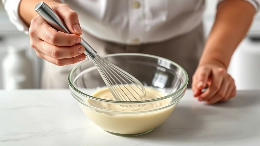 boom boom sauce recipe -
Photorealistic hands holding a whisk over a glass mixing bowl containing mayo-b