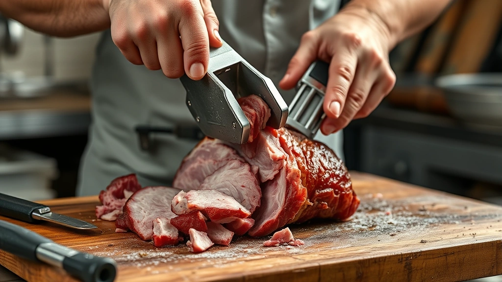 boston butt recipe -
photorealistic hands using meat shredders on cooked boston butt, workshop setti