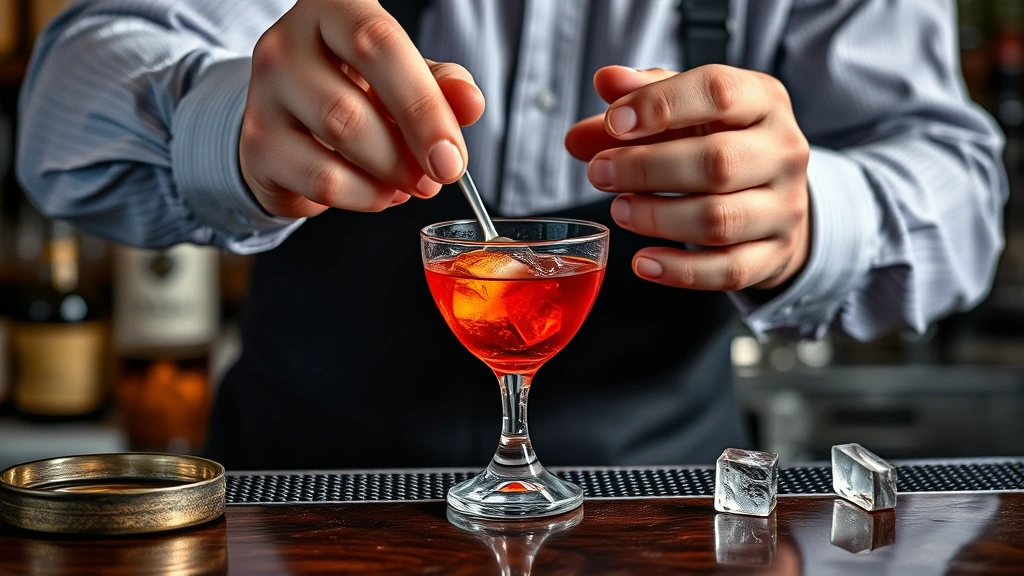 bourbon cocktail recipes -
photorealistic hands expertly stirring Manhattan cocktail in mixing glass with
