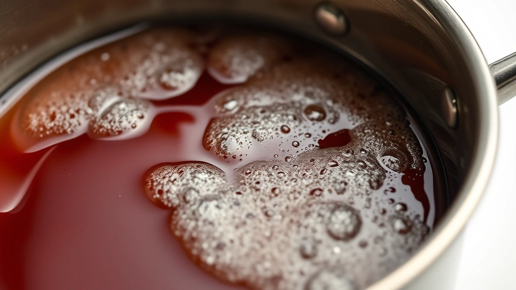 bourbon sauce recipe -
photorealistic close-up macro of bourbon sauce bubbling gently in stainless ste