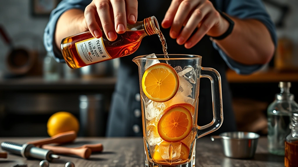 bourbon slush recipe -
Photorealistic hands pouring bourbon into a blender with crushed ice and fresh