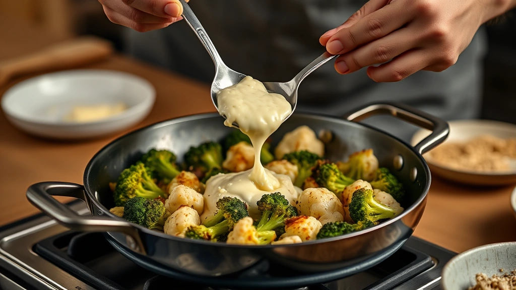 boursin recipes -
Photorealistic hands spooning Boursin cheese onto a hot pan of roasted broccoli