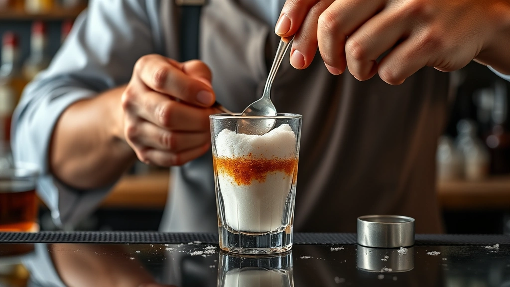 brandy old fashioned recipe -
Photorealistic hands of bartender muddling sugar and bitters in rocks glass wit