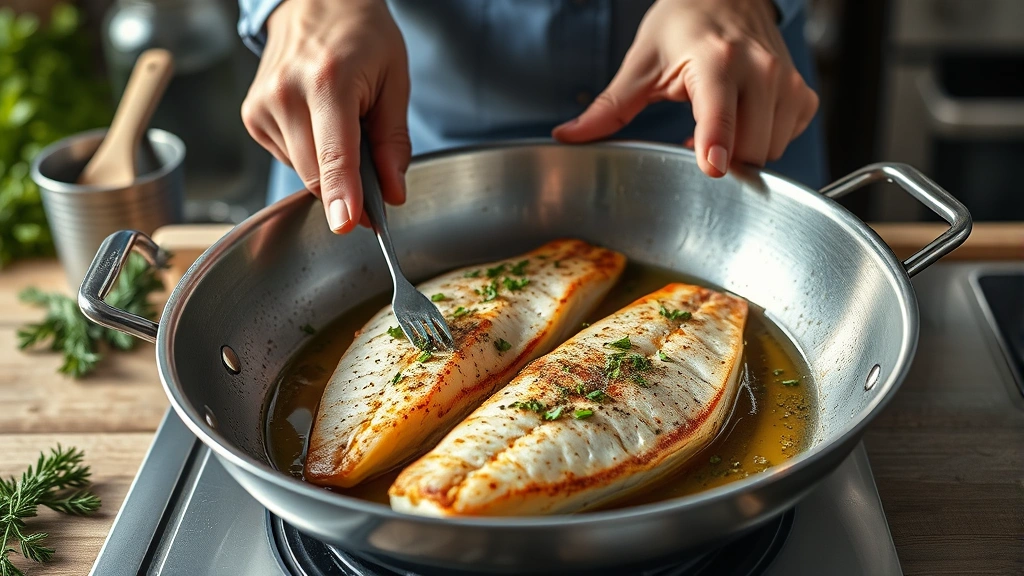 branzino recipe -
Photorealistic hands pan-searing branzino fillets in stainless steel skillet wi