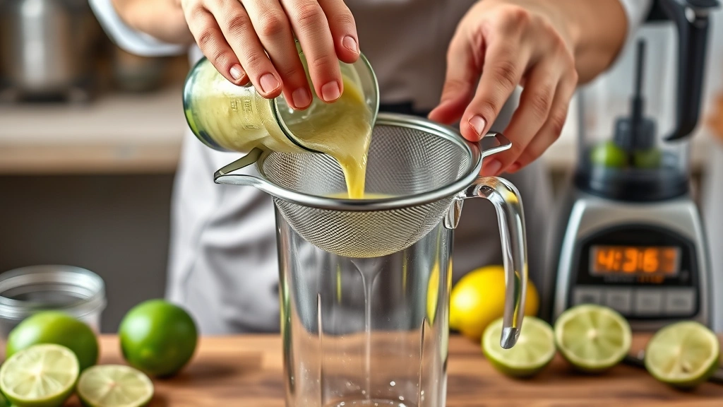 brazilian limeade recipe -
Photorealistic hands pouring blended lime mixture through fine mesh strainer in