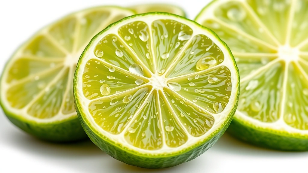 brazilian limeade recipe -
Photorealistic close-up macro shot of fresh cut lime quarters showing vibrant g
