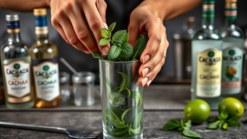 brazilian mounjaro recipe -
Photorealistic hands muddling fresh mint leaves in cocktail shaker, workshop ba