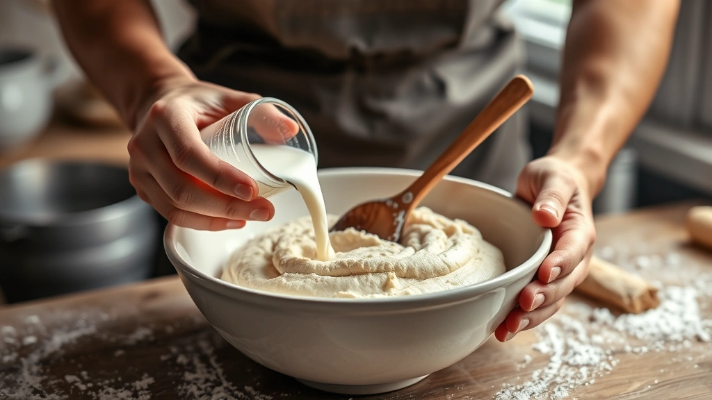 bread recipe no yeast -
photorealistic hands mixing thick bread dough in ceramic bowl with wooden spoon