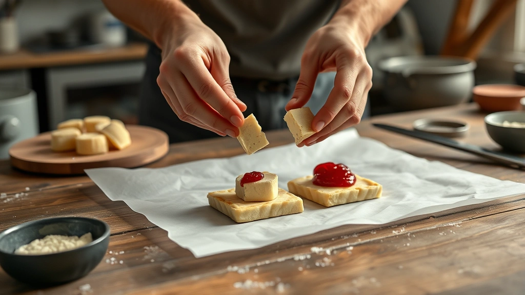 brie bites recipe -
photorealistic hands assembling brie bites on parchment paper, placing brie cub