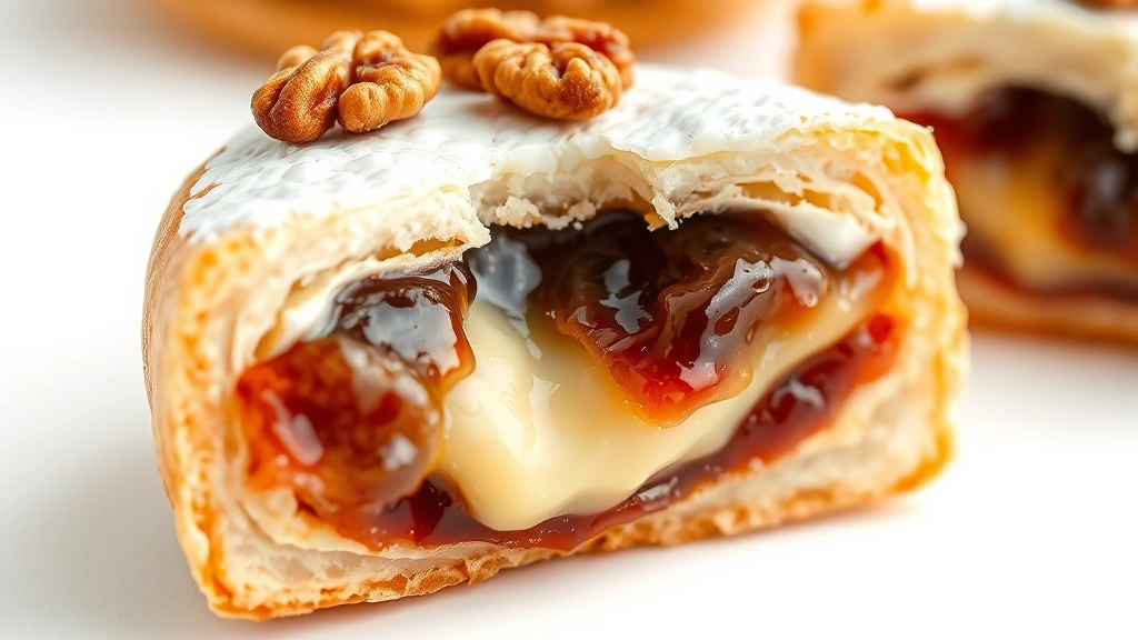 brie bites recipe -
photorealistic close-up macro shot of single brie bite cross-section showing me